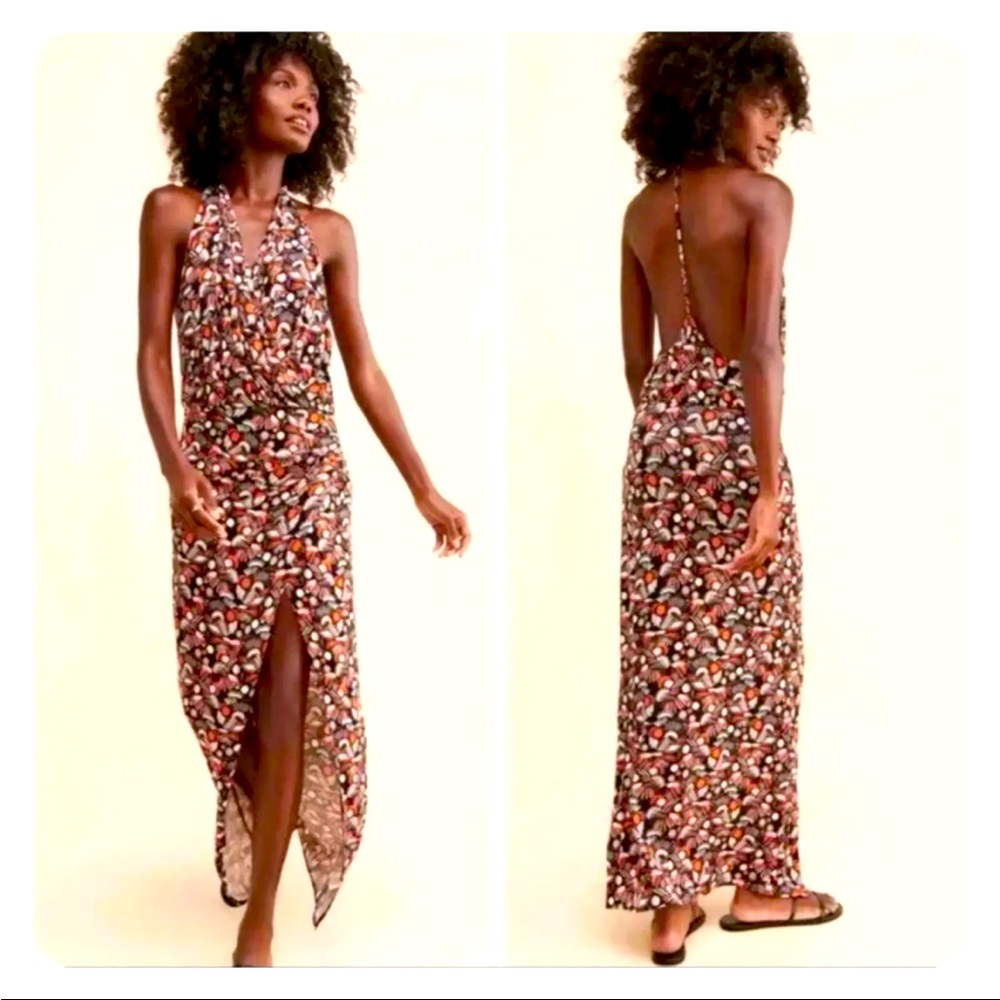 NWT Free People Daria Halter Maxi Dress Black Combo Orange Boho Beach Summer